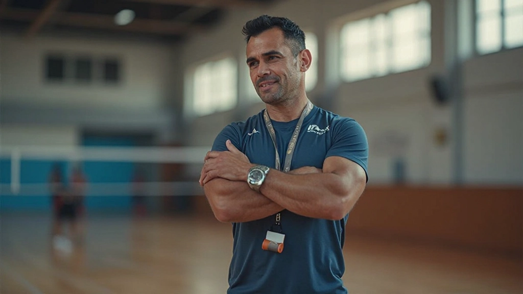 مدرب يوضح تمارين اللياقة البدنية لمجموعة من لاعبي الكرة الطائرة في صالة رياضية حديثة