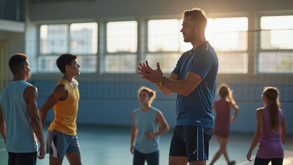 مدرب كرة طائرة يعلم مجموعة من اللاعبين الناشئين المهارات الأساسية