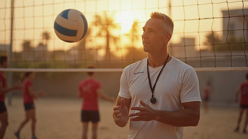 مدرب كرة طائرة محترف يعلم اللاعبين تقنيات الإرسال الصحيحة في الملعب