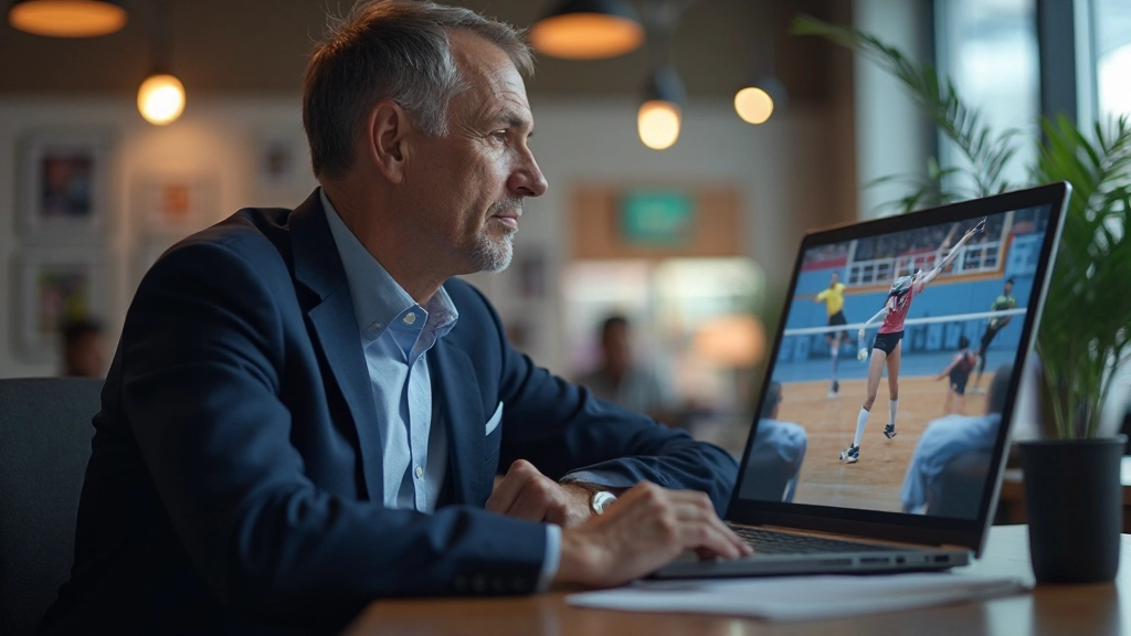 مدرب يحلل فيديو مباراة كرة طائرة على شاشة حاسوب محمول