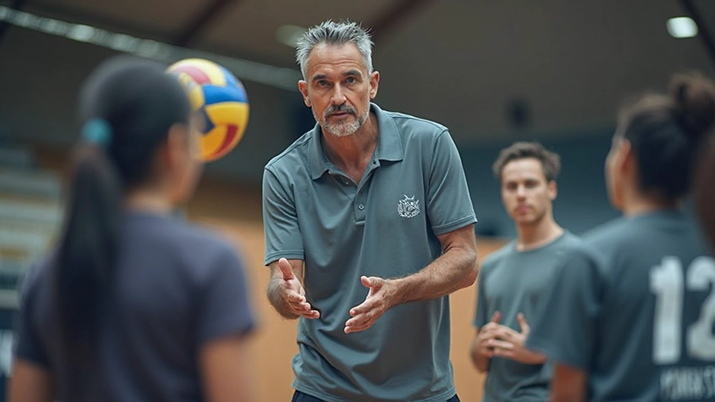 مدرب يعلم لاعبي كرة طائرة تقنيات الإرسال والاستقبال في صالة رياضية