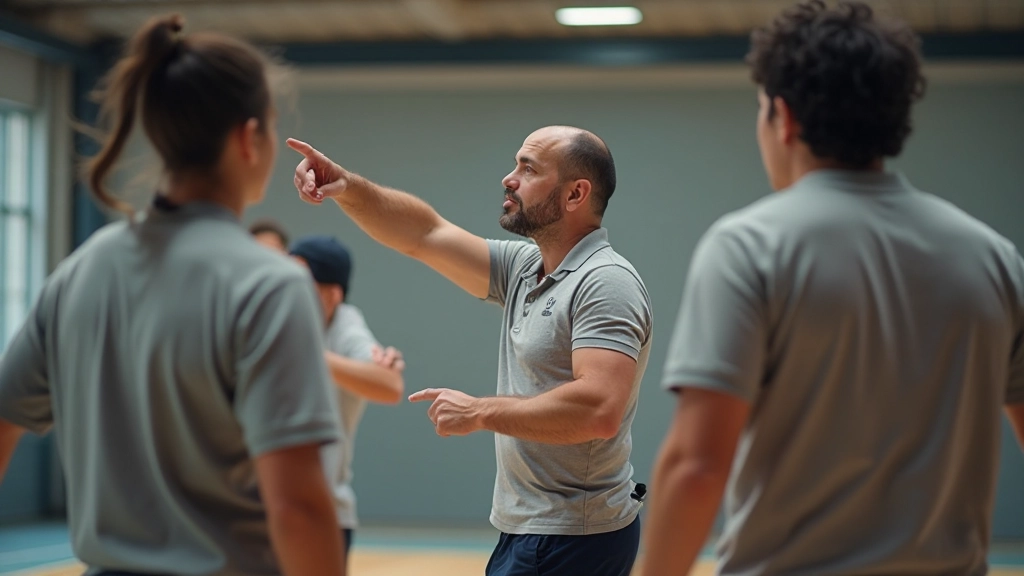 مدرب كرة طائرة يقدم تعليمات وإرشادات للاعبي الفريق